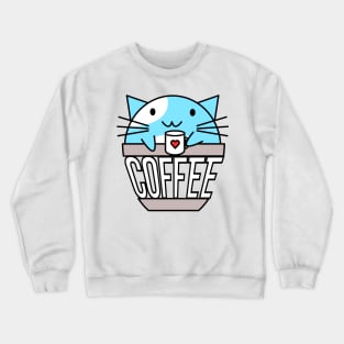 Cat in coffee cup with warped text holding coffee cup with heart blue and white Crewneck Sweatshirt